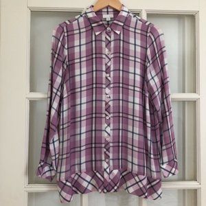 J Jill rayon viscose purple white plaid long sleeve collared button up shirt M